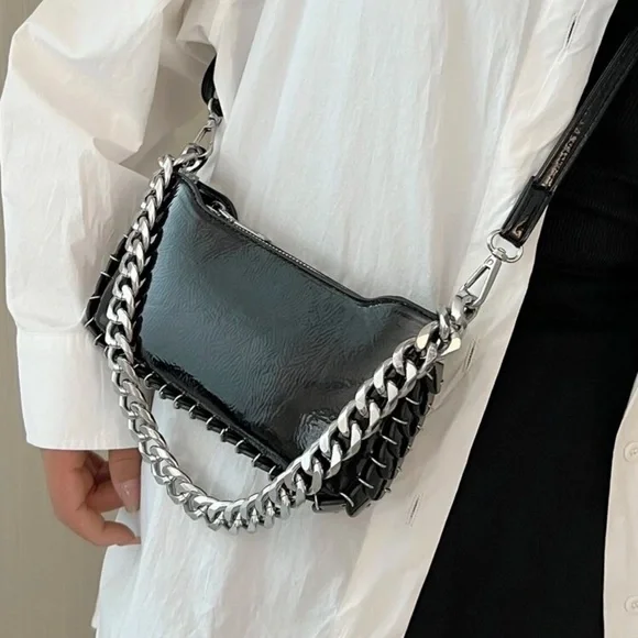 Black Patent Crossbody Bag with Silver Chain - Picture 4 of 10